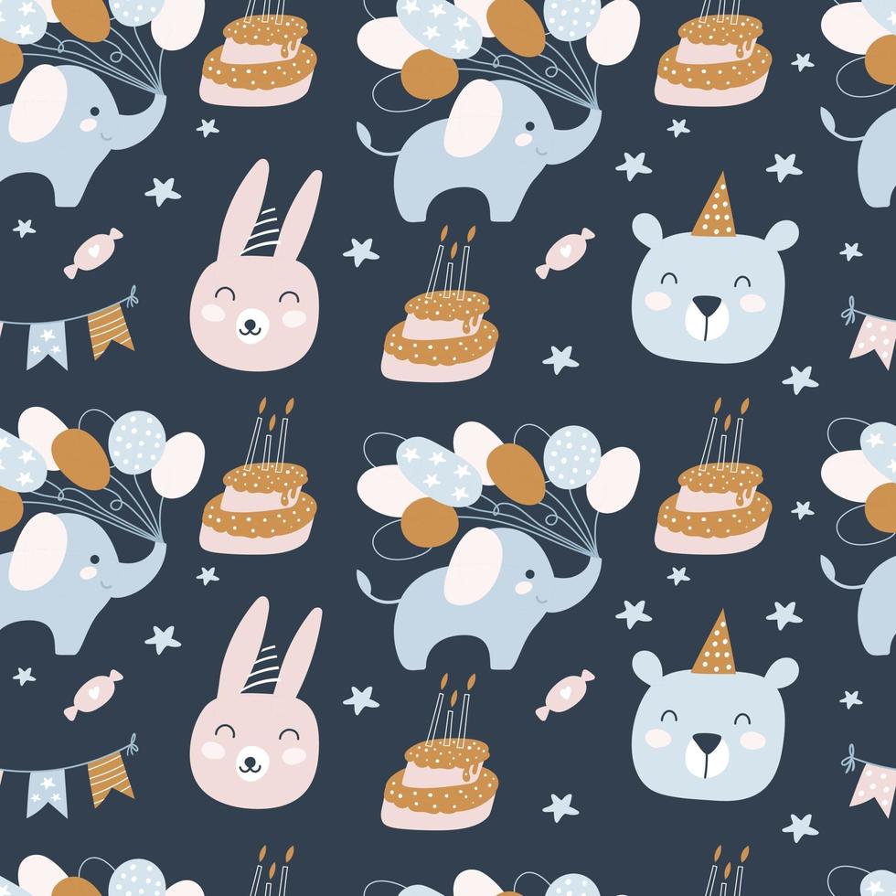 Happy Birthday seamless pattern. Birthday cakes, animals. Vector