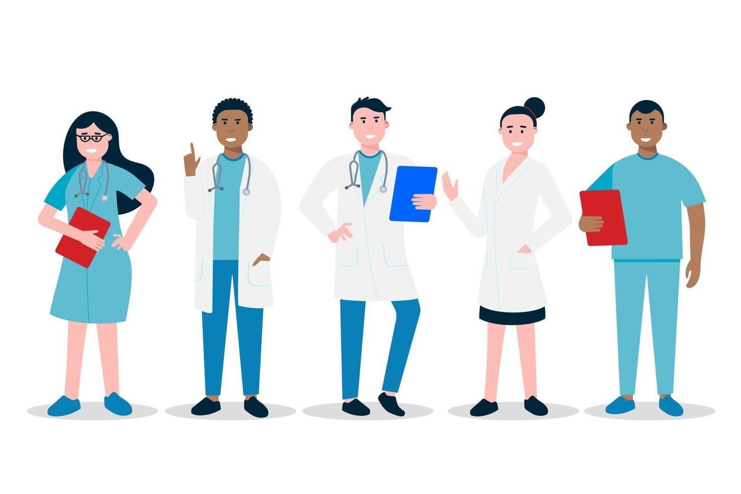 Doctors and nurses standing with clipboards flat style illustration vector