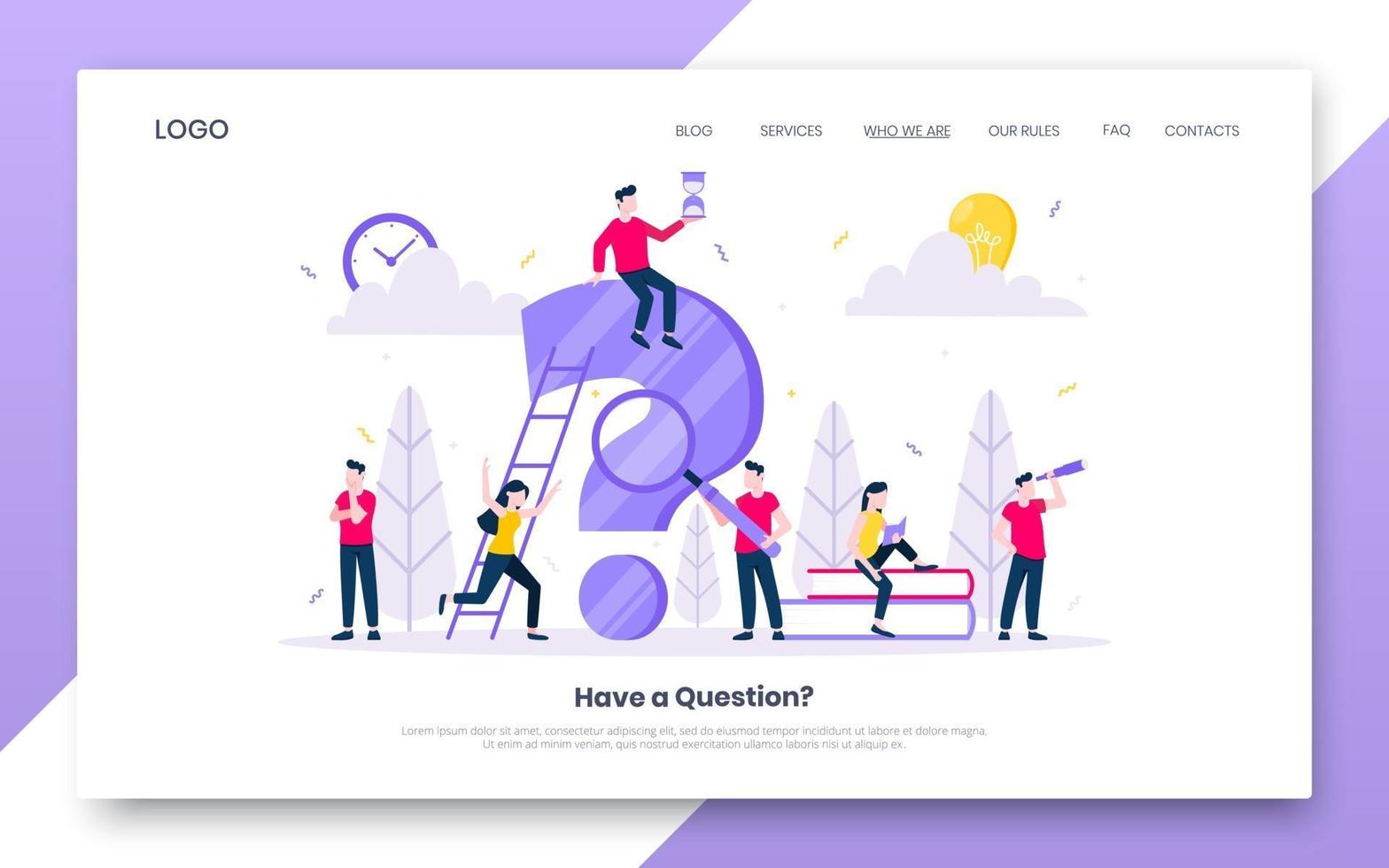 FAQ or Q and A internet landing page concept web template. vector