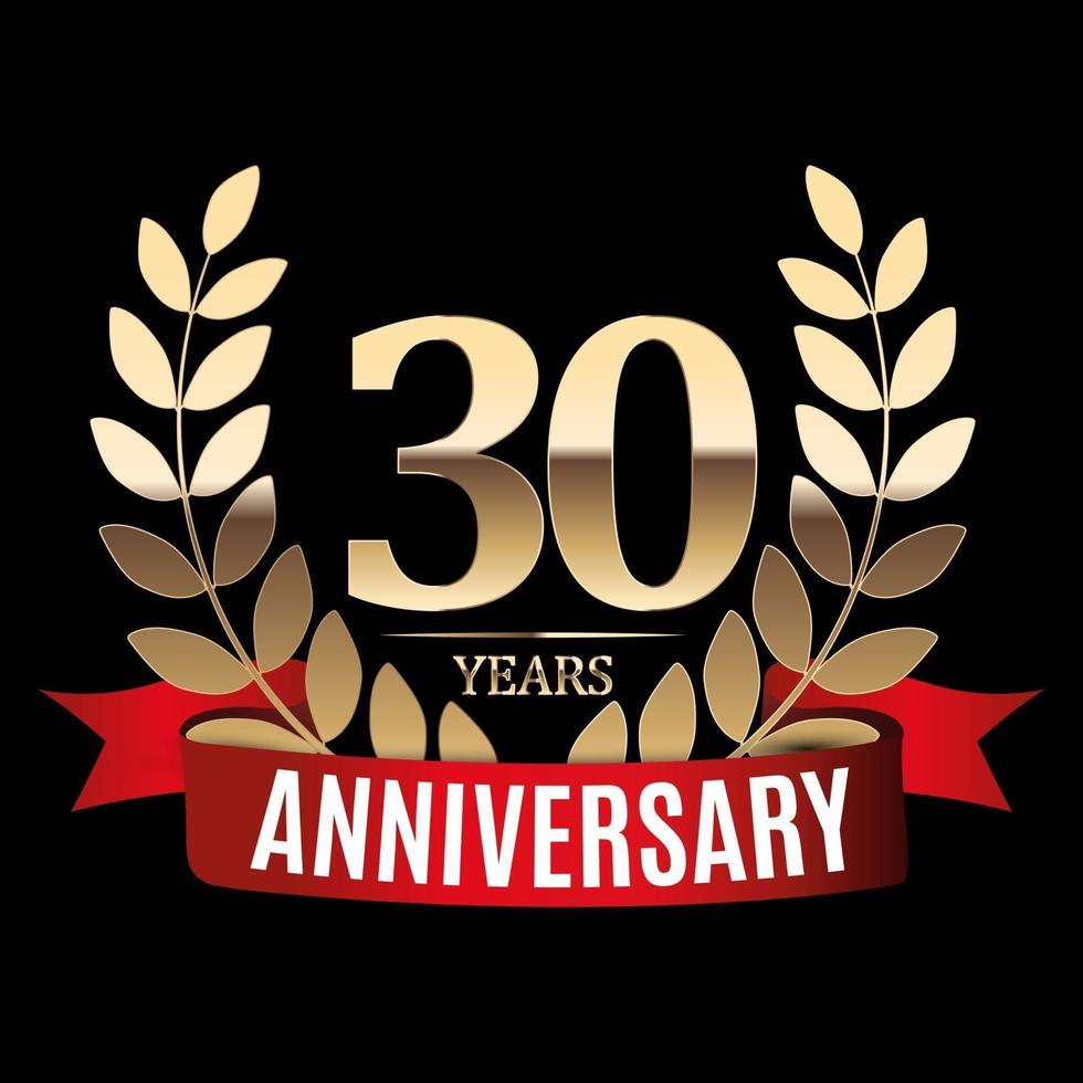 30 Years Anniversary Golden Template with Red Ribbon and Laurel wreath vector