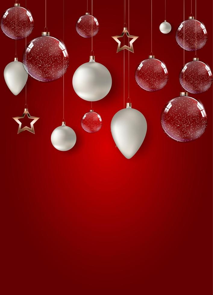 Merry Christmas and Happy New Year poster with Glass Glossy Balls. vector