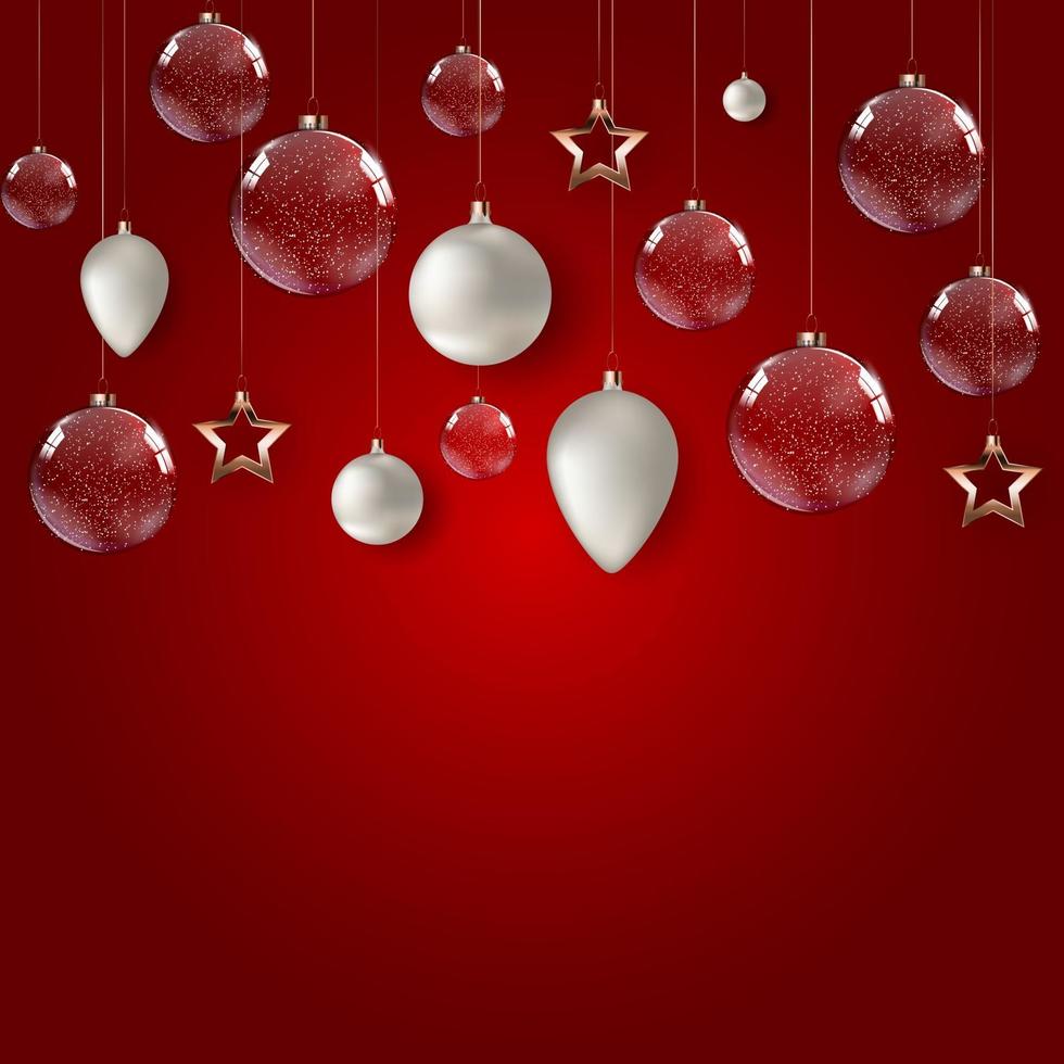 Merry Christmas and Happy New Year poster with Glass Glossy Balls. vector