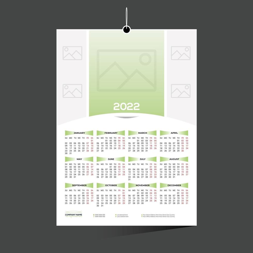 green colored 12 month 2022 calendar design for any kind of use vector