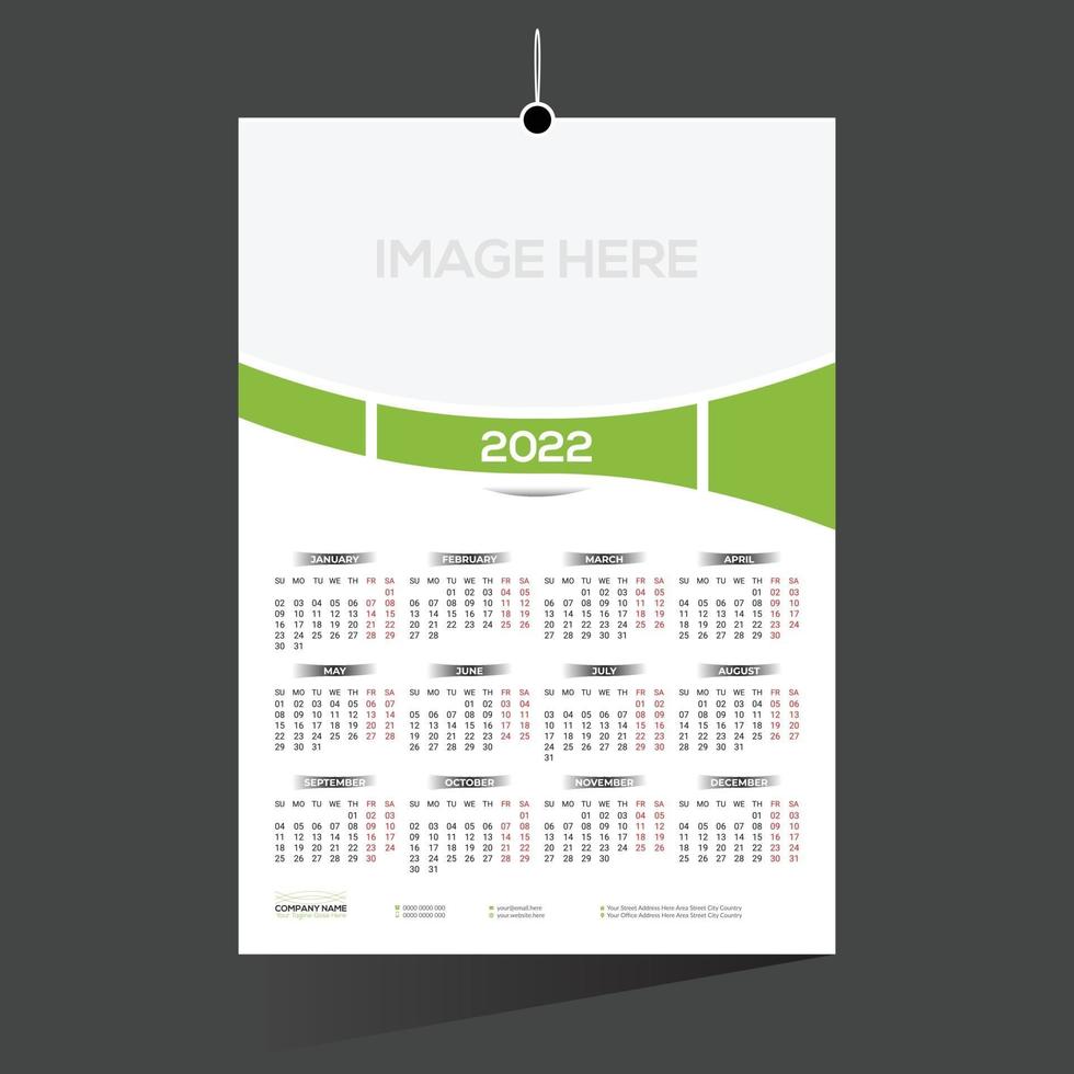 green colored 12 month 2022 calendar design vector