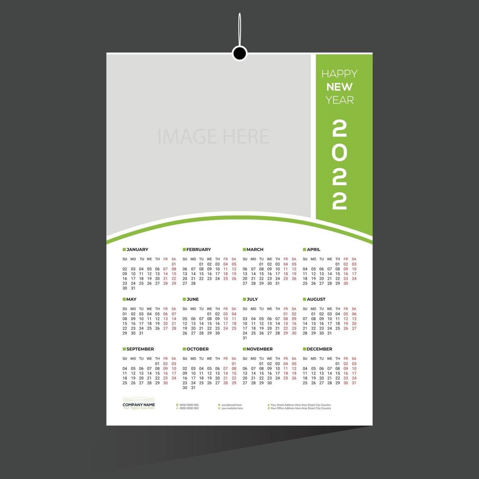 green colored 12 month 2022 calendar design vector