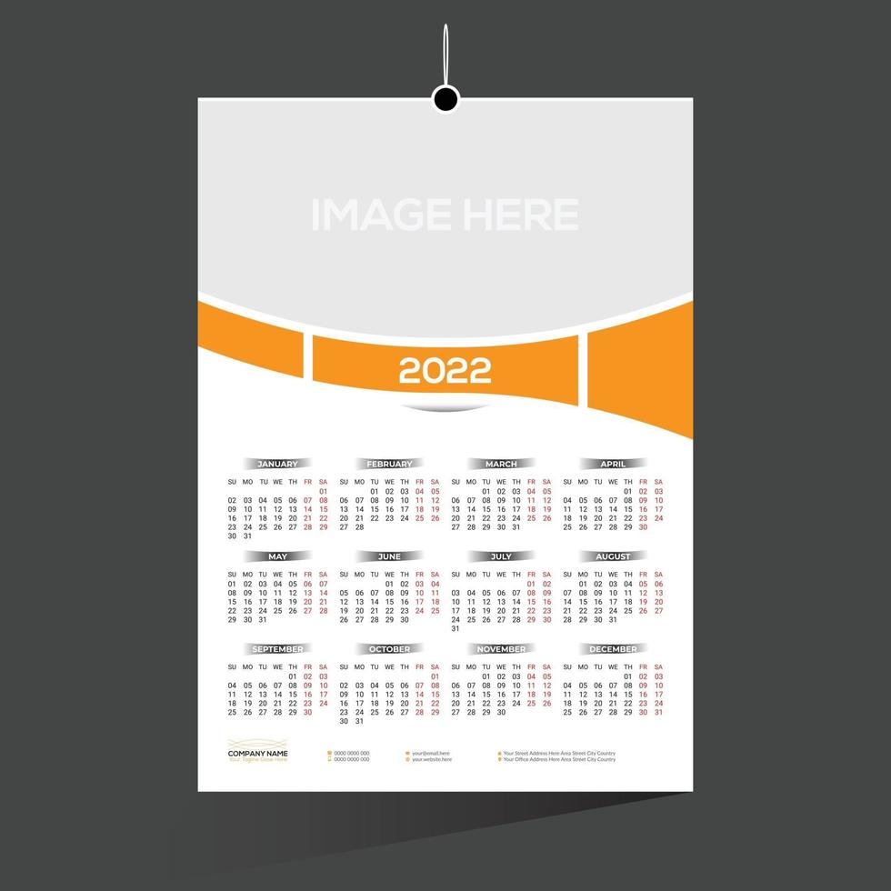 orange colored 12 month 2022 calendar design vector