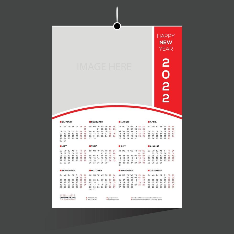 red colored 12 month 2022 calendar design vector