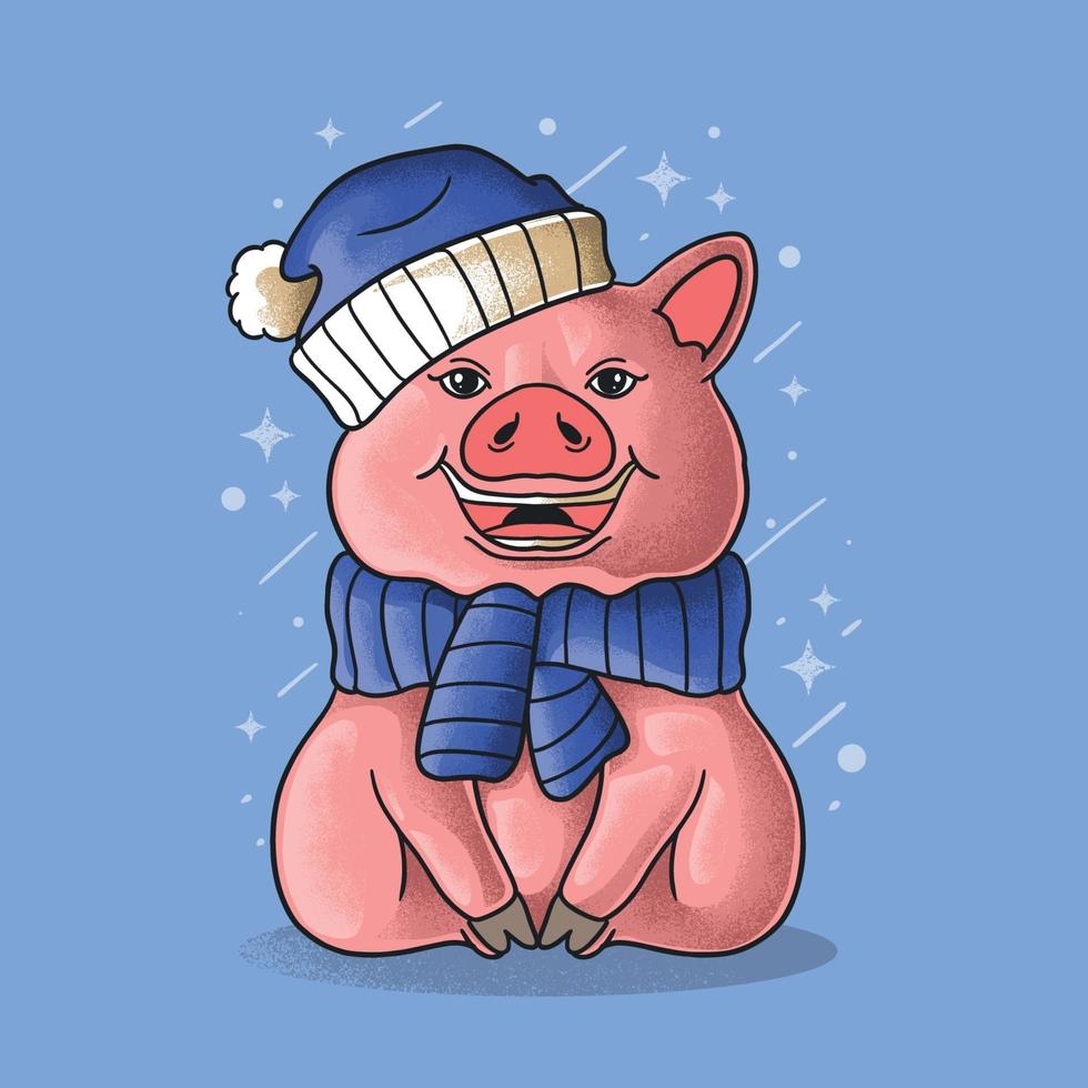 cute pig wear hat and shawl at winter illustration vector grunge