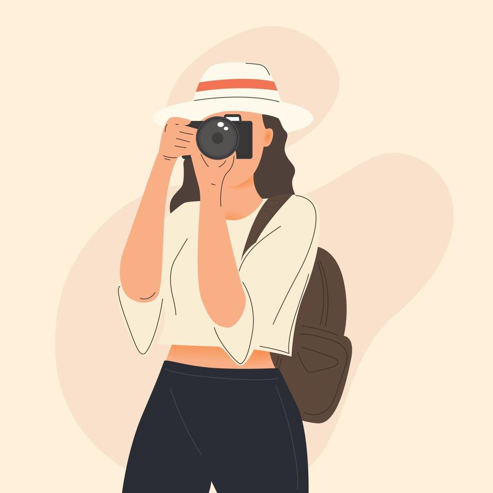 mujer joven tomando una foto con una cámara ilustración vector