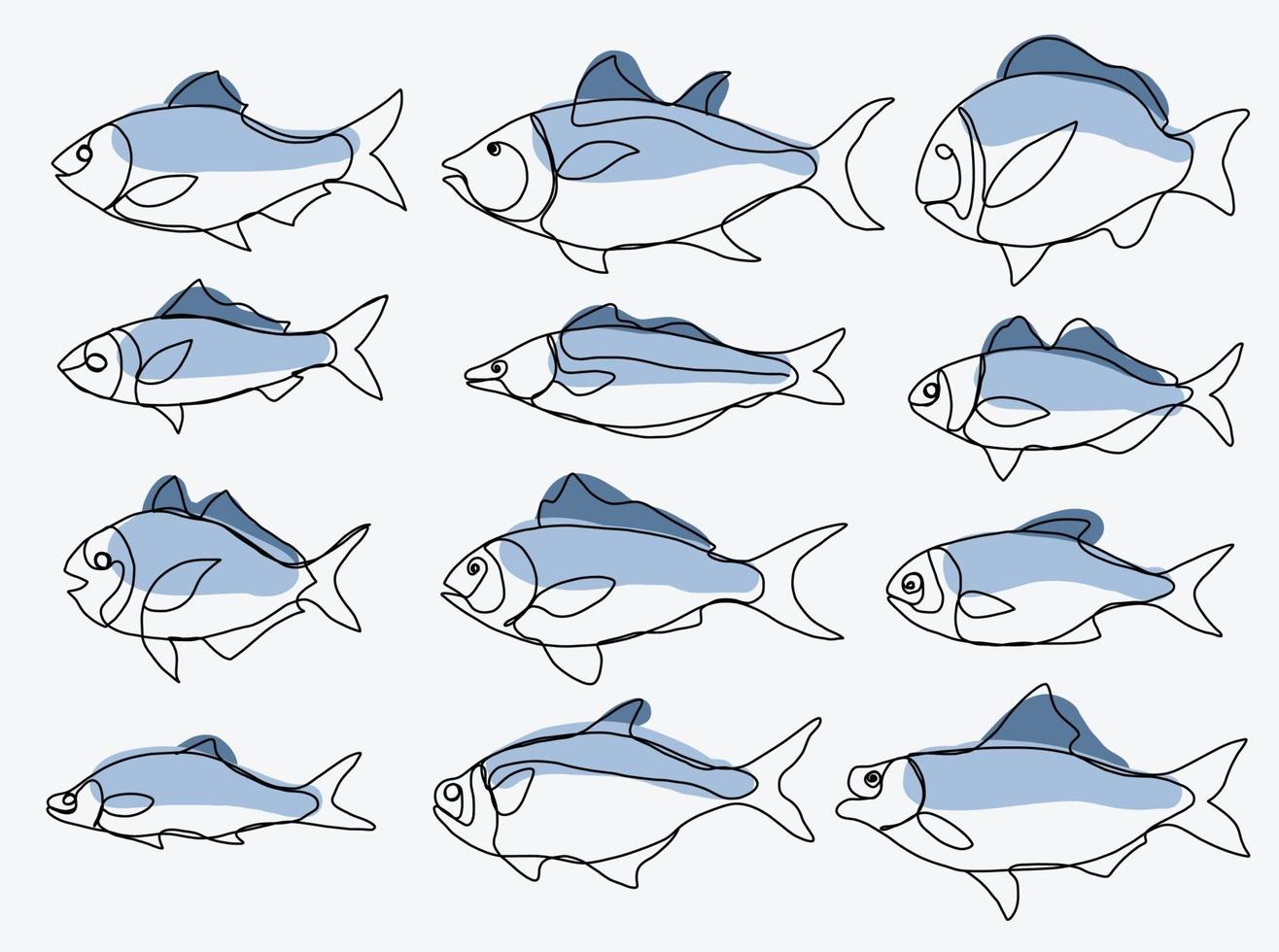 Doodle boceto a mano alzada dibujo continuo de la colección de peces. vector