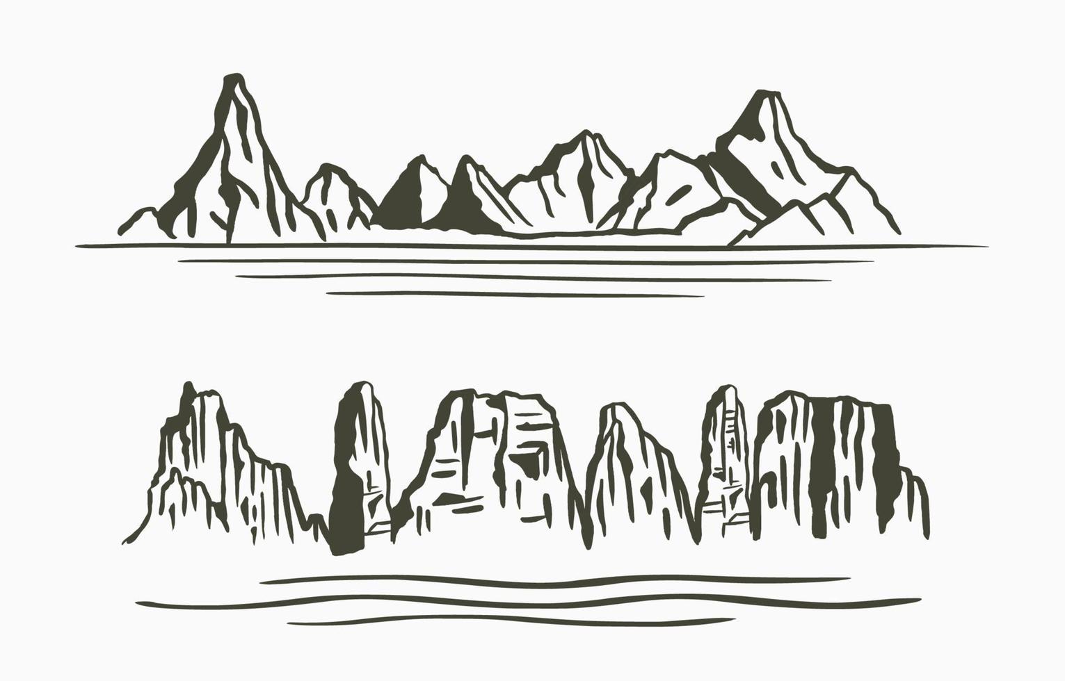 paisaje natural de línea negra con montaña, río. vector