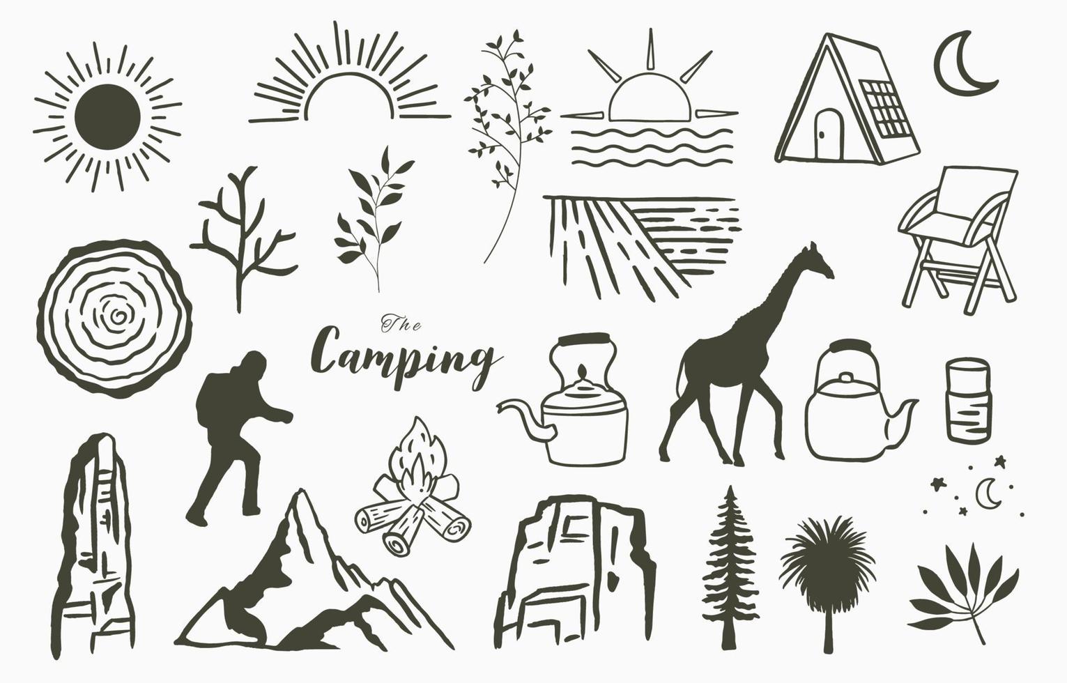 Black line natural with mountain,river,tree,sun,tent,giraffe vector