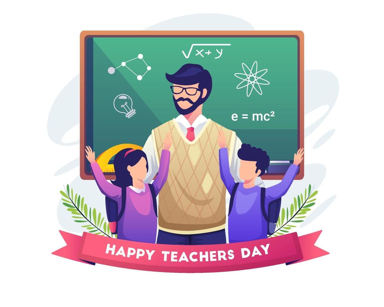 Happy students congratulate their teacher vector illustration