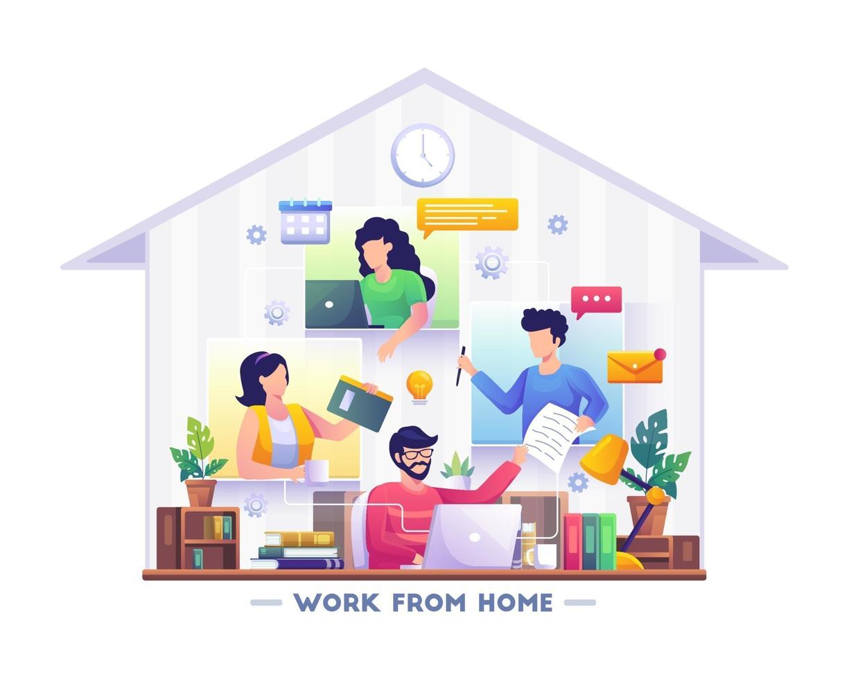 people remote working on laptop scene. vector illustration