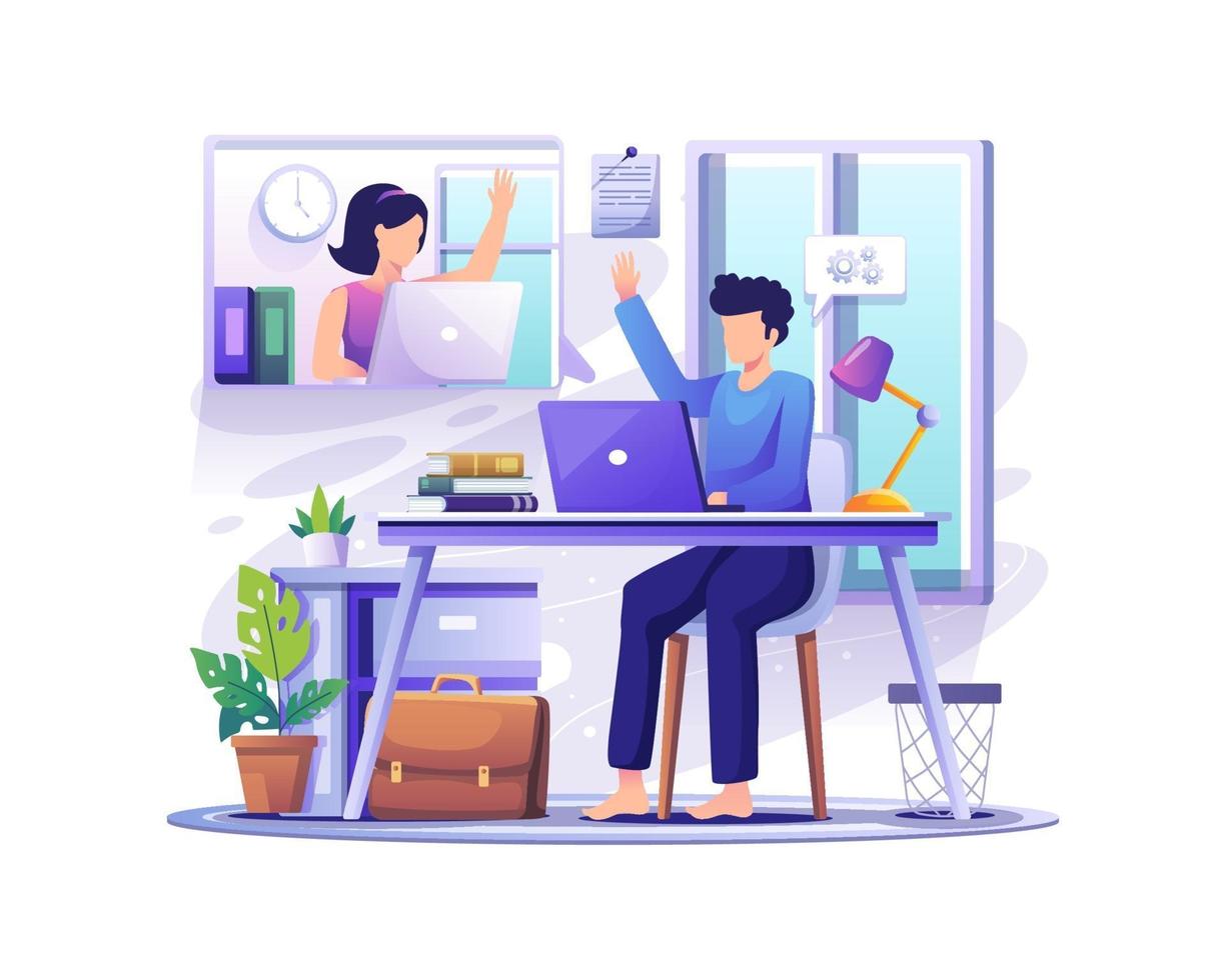 young man and woman remote working on the laptop illustration vector