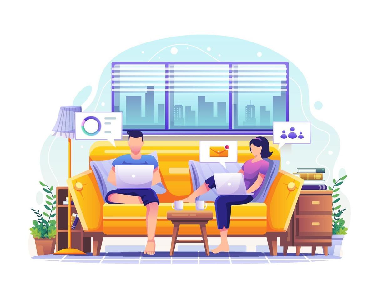man and woman sitting on sofa working on laptops at home illustration vector