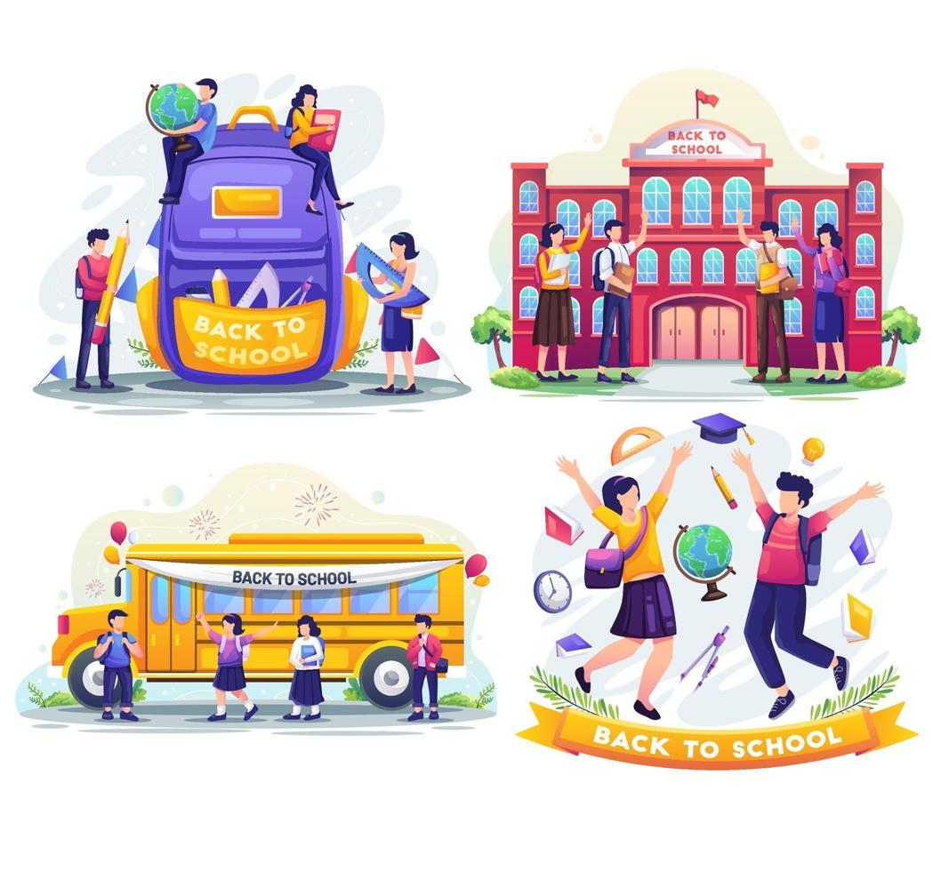 Set bundle of Back to school concept design. Flat vector illustration