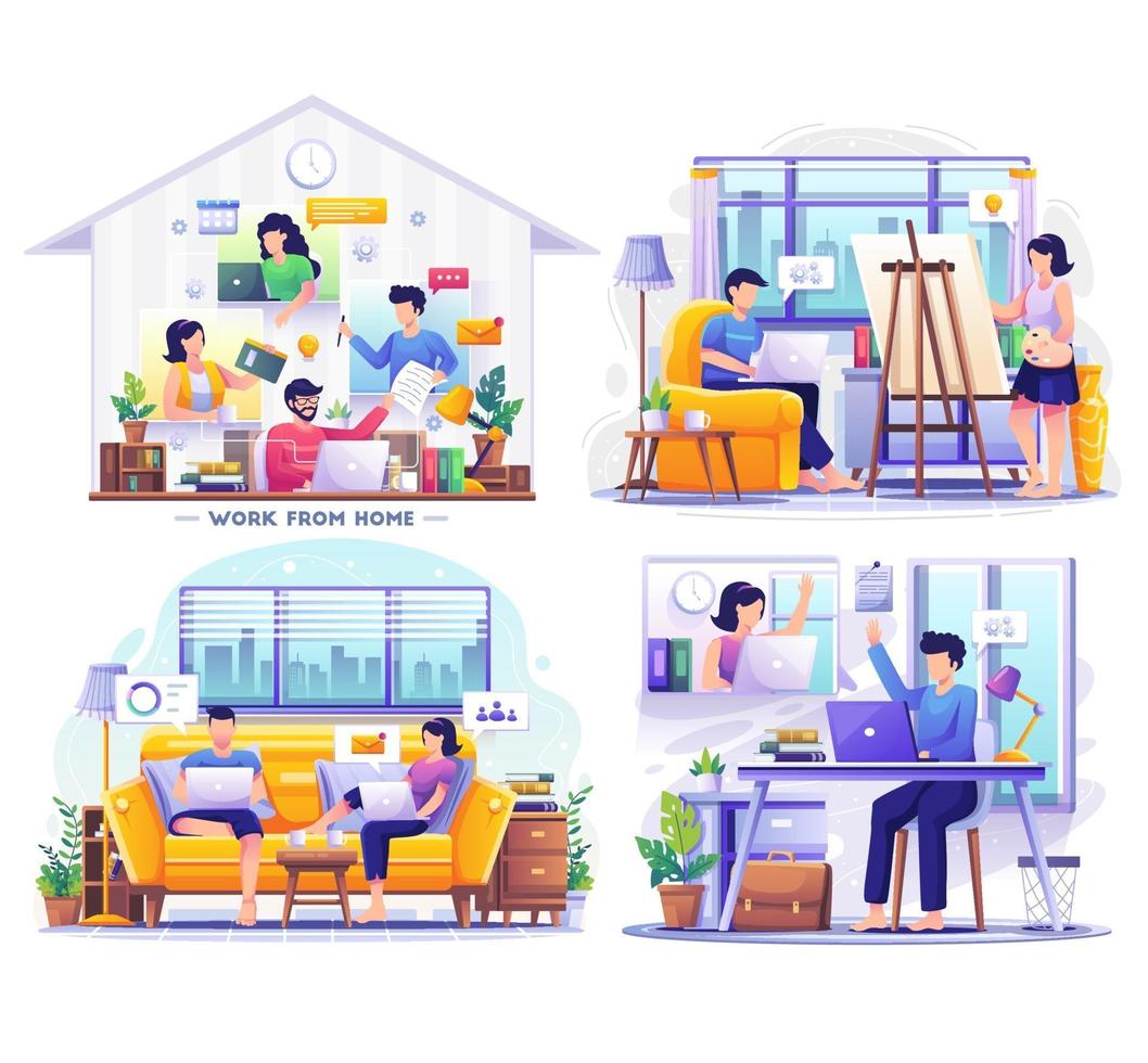 Bundle of work from home with people on laptop. vector illustration
