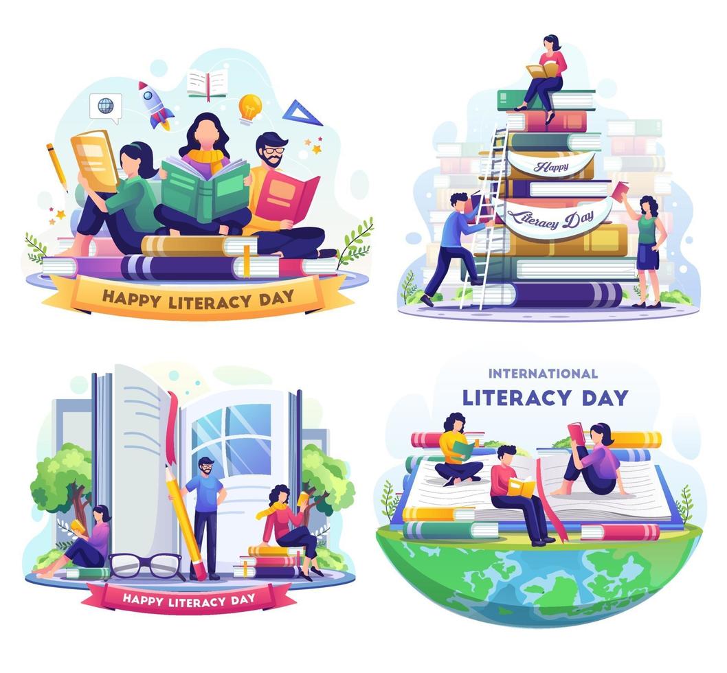 Bundle of Literacy Day with People reading books. vector illustration