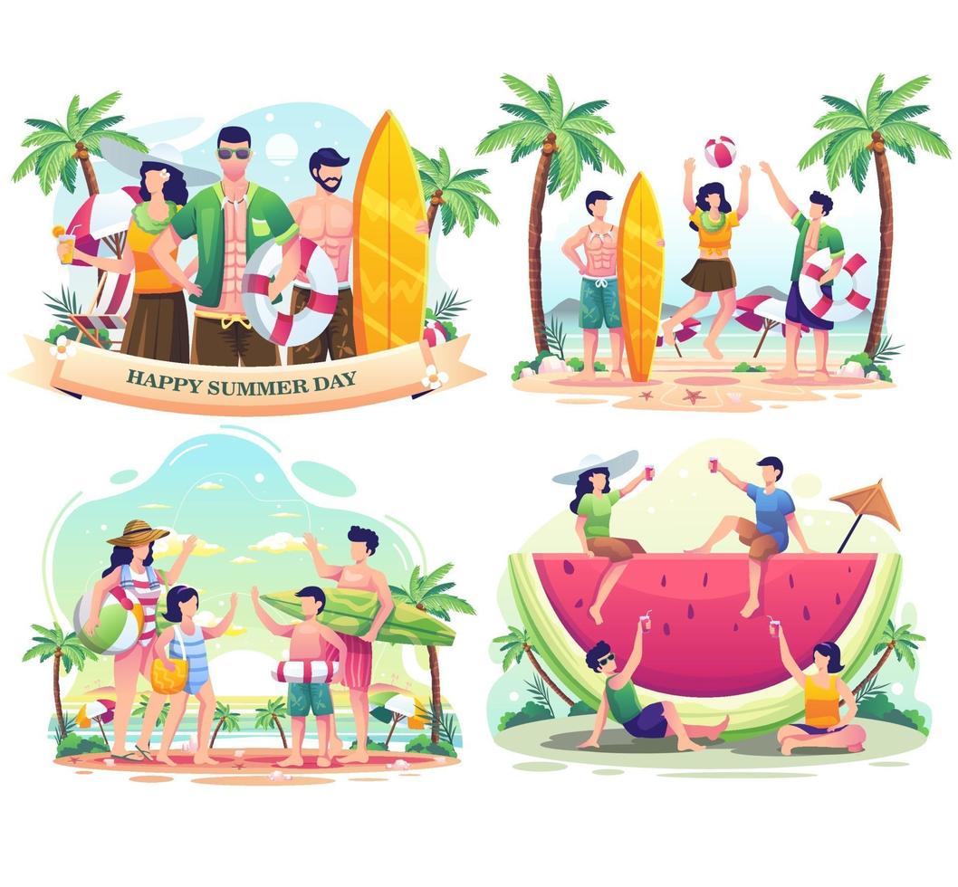 Establecer paquete de día de verano con gente en la playa. ilustración vectorial vector