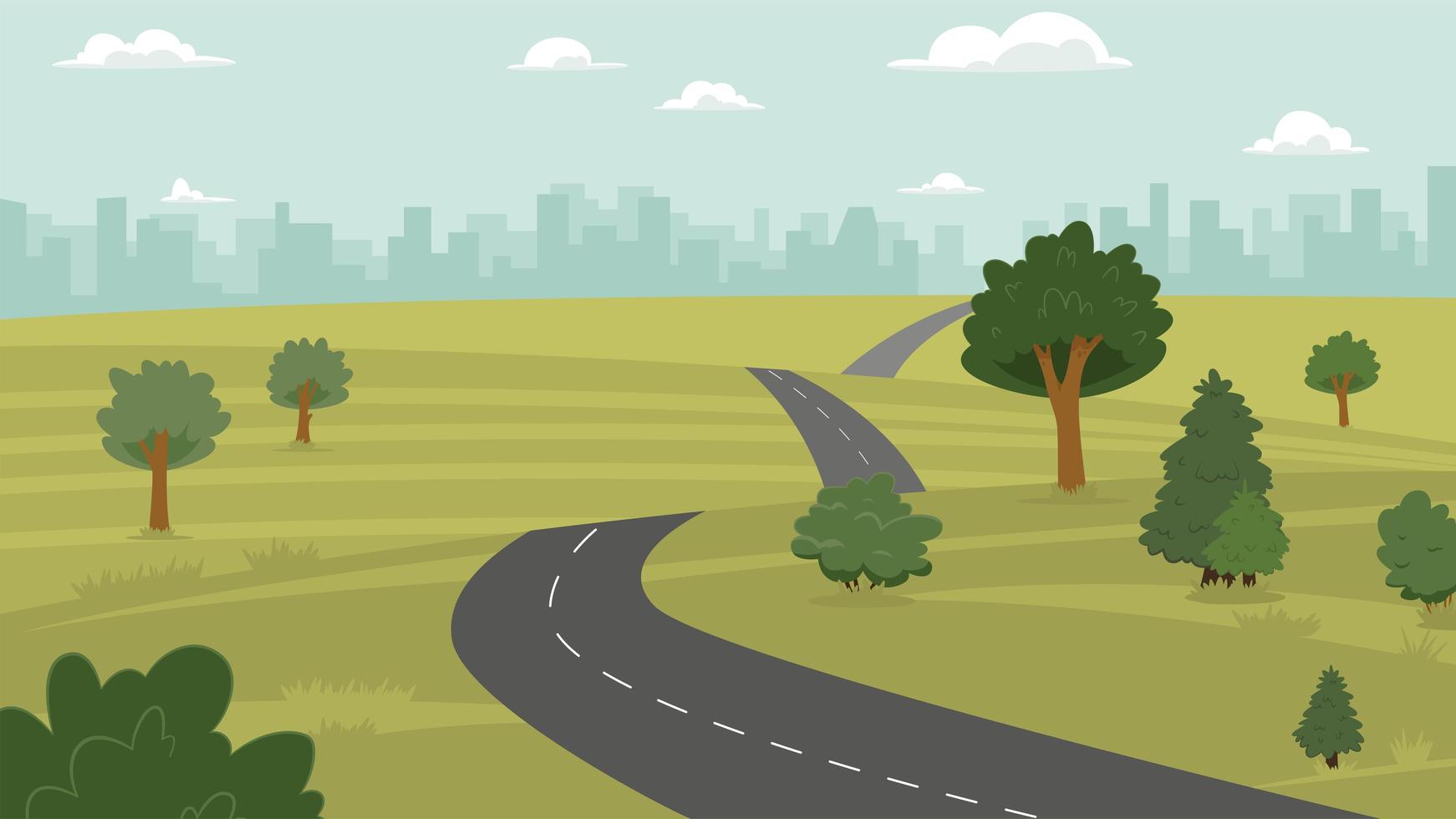 ilustración vectorial de campiña, colina, ciudad y carretera vector