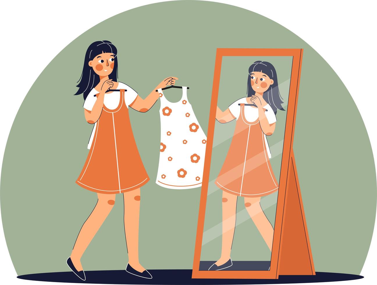 Girl trying on dress in clothing store. Shopping vector