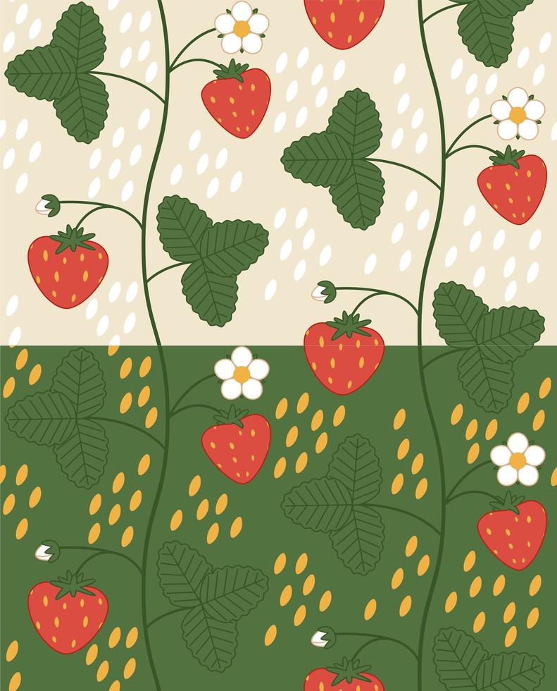 two variants of seamless patterns with strawberry leaves and flowers vector