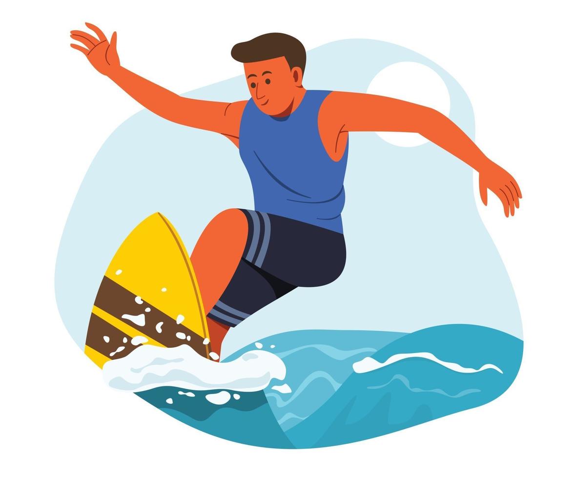 hombre disfruta de la actividad al aire libre con tabla de surf. vector