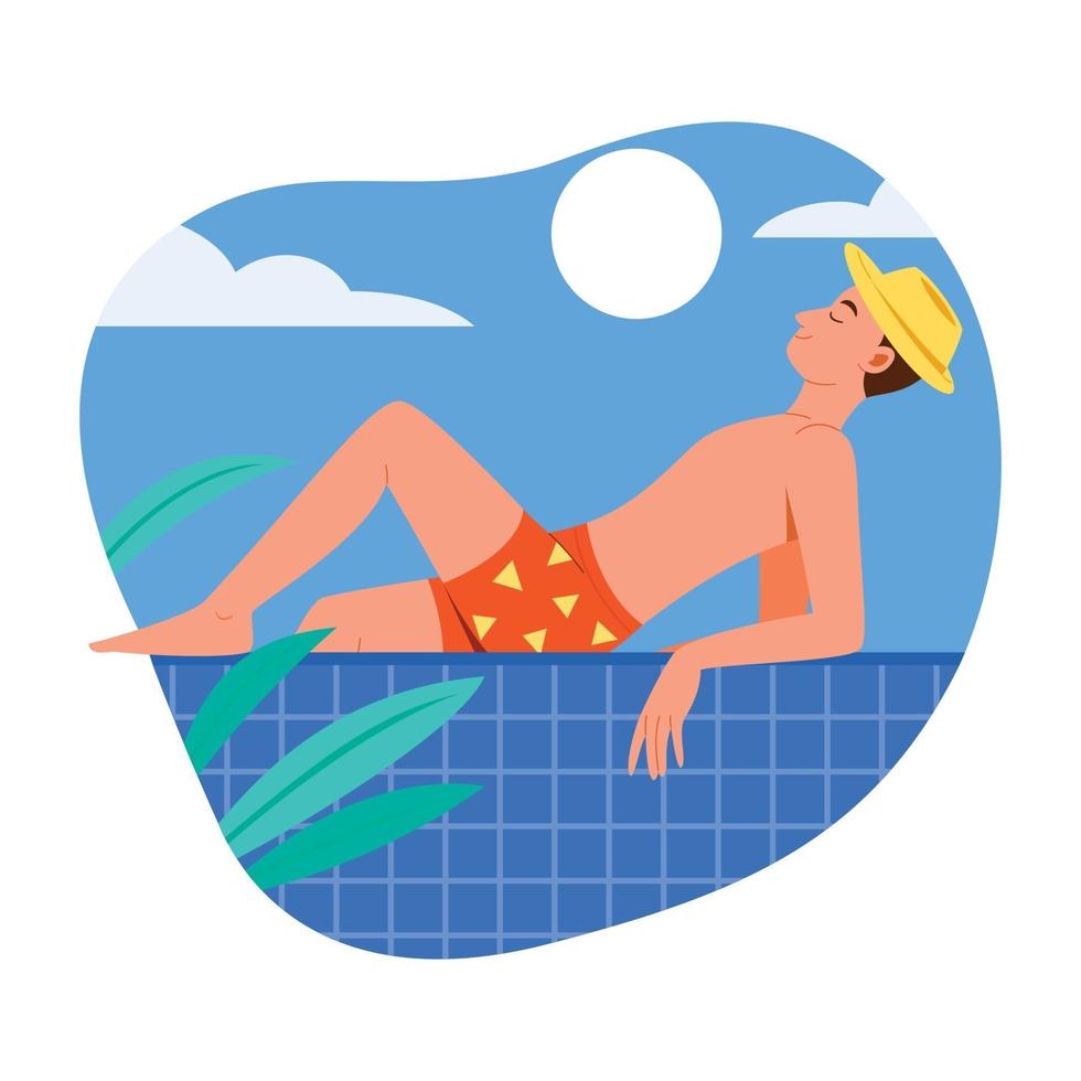 El hombre se sienta en el borde de la piscina y se relaja al aire libre. vector