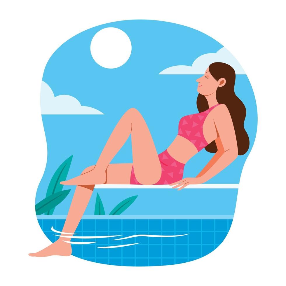 Woman Sit on Springboard at Swimming Pool Side and Relaxing Outdoor. vector