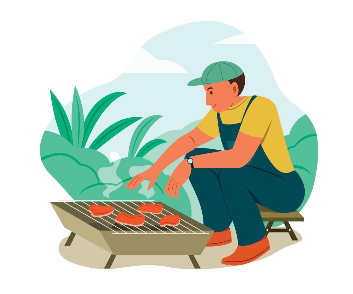 Man Grill the Barbecue Meat While Camping Outdoor. vector