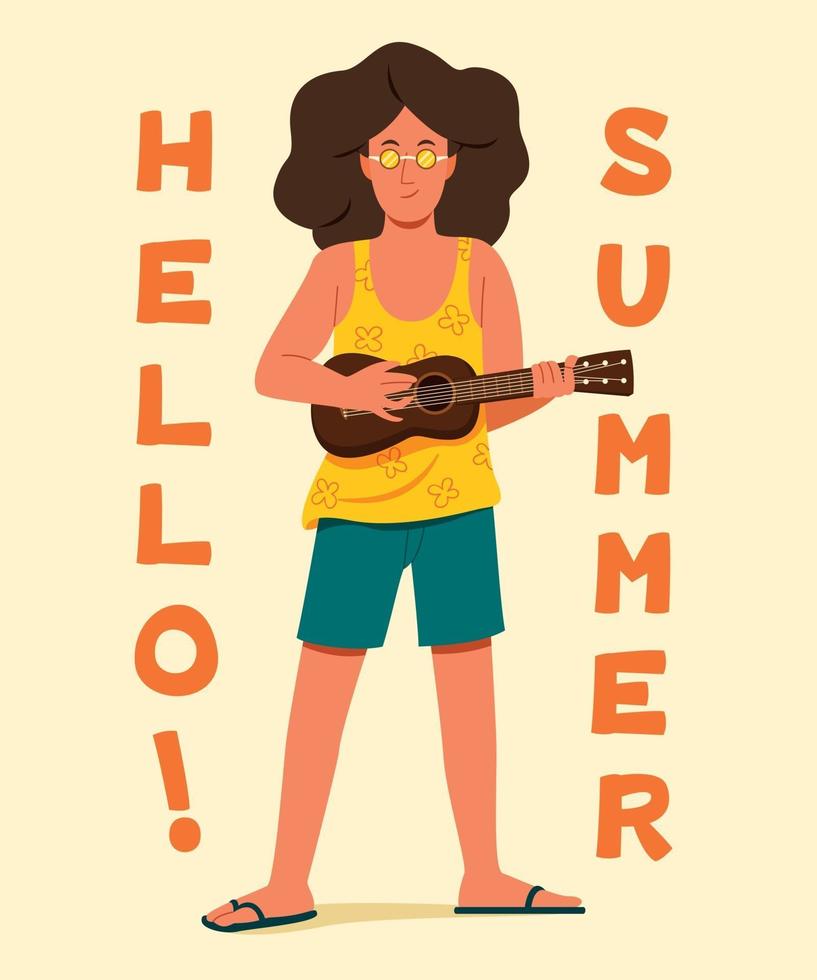 el hombre toca el ukelele con las palabras hola verano. vector