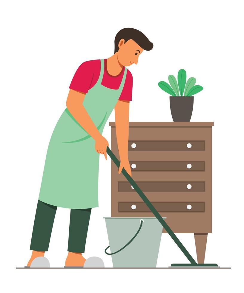 Man Clean the Floor by the Mop. vector
