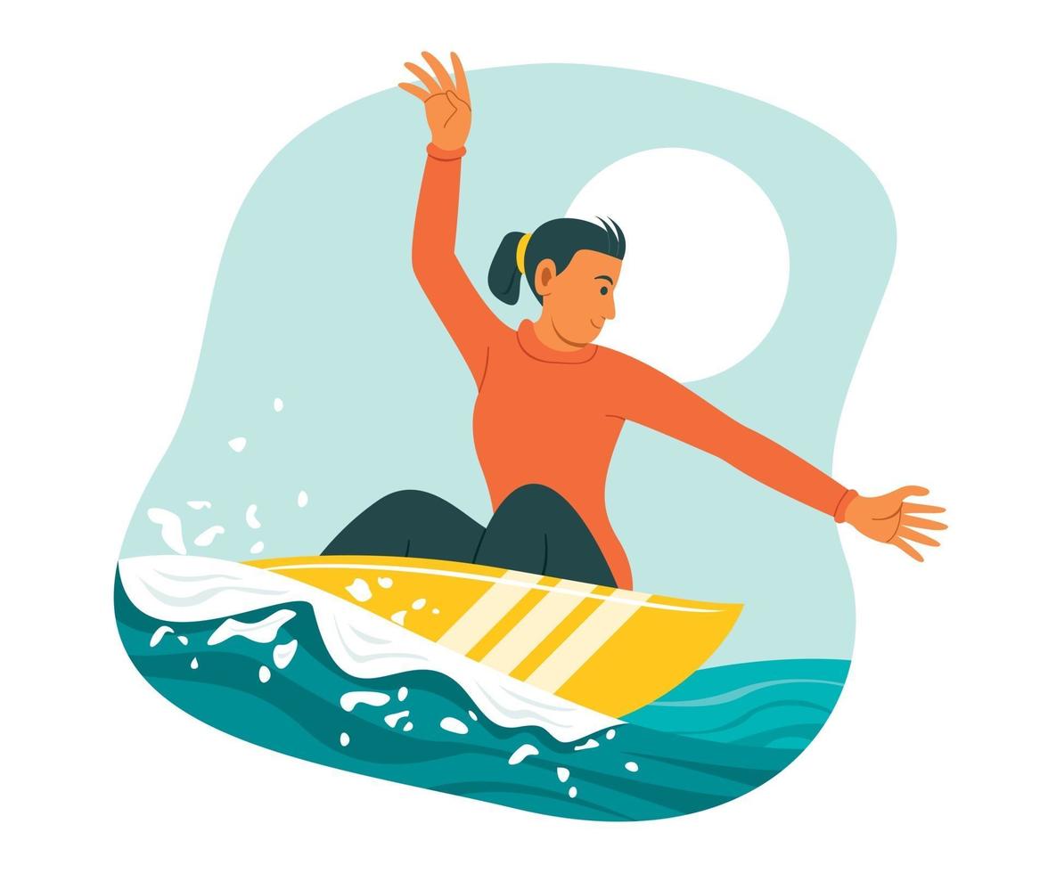 Woman Enjoy Outdoor Activity with Surfboard. vector