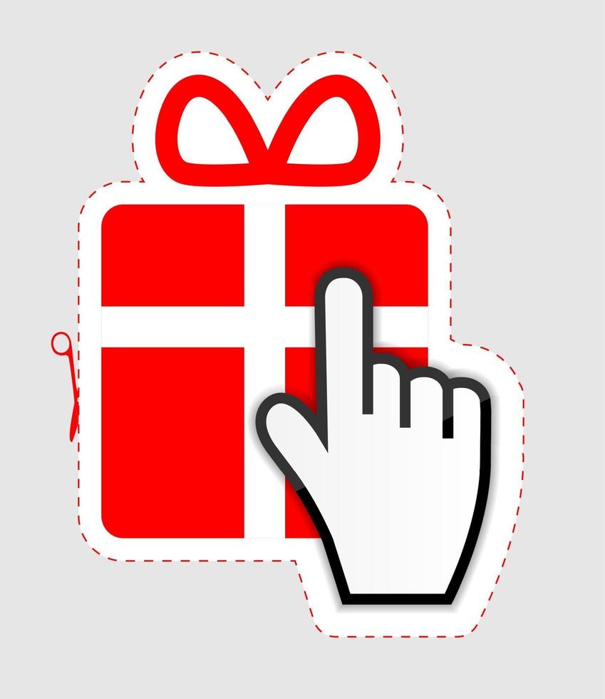 Cursor de la mano del ratón en la ilustración de vector de etiqueta adhesiva de regalo