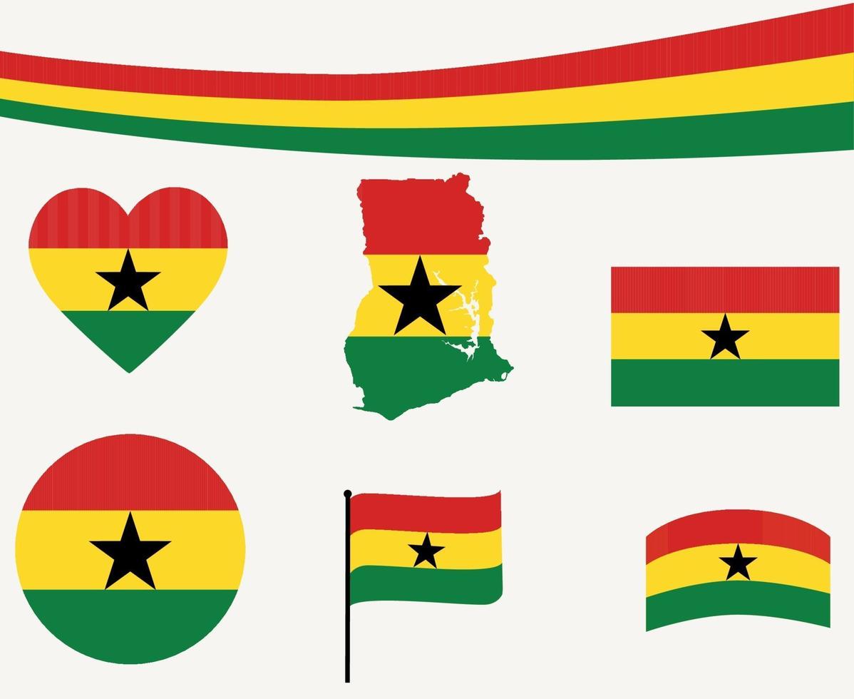 Ghana Flag Map Ribbon And Heart Icons Vector Illustration Abstract
