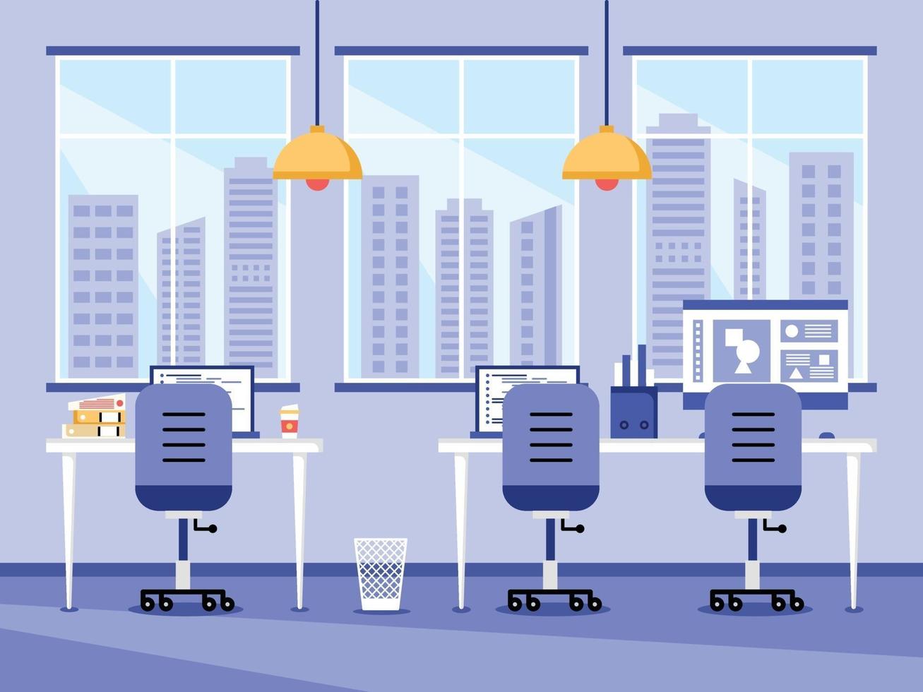 concepto de estación de trabajo e interior de oficina con muebles. vector