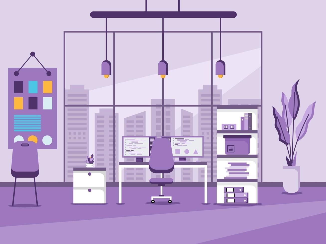 Concept of work station and office interior with furniture. vector