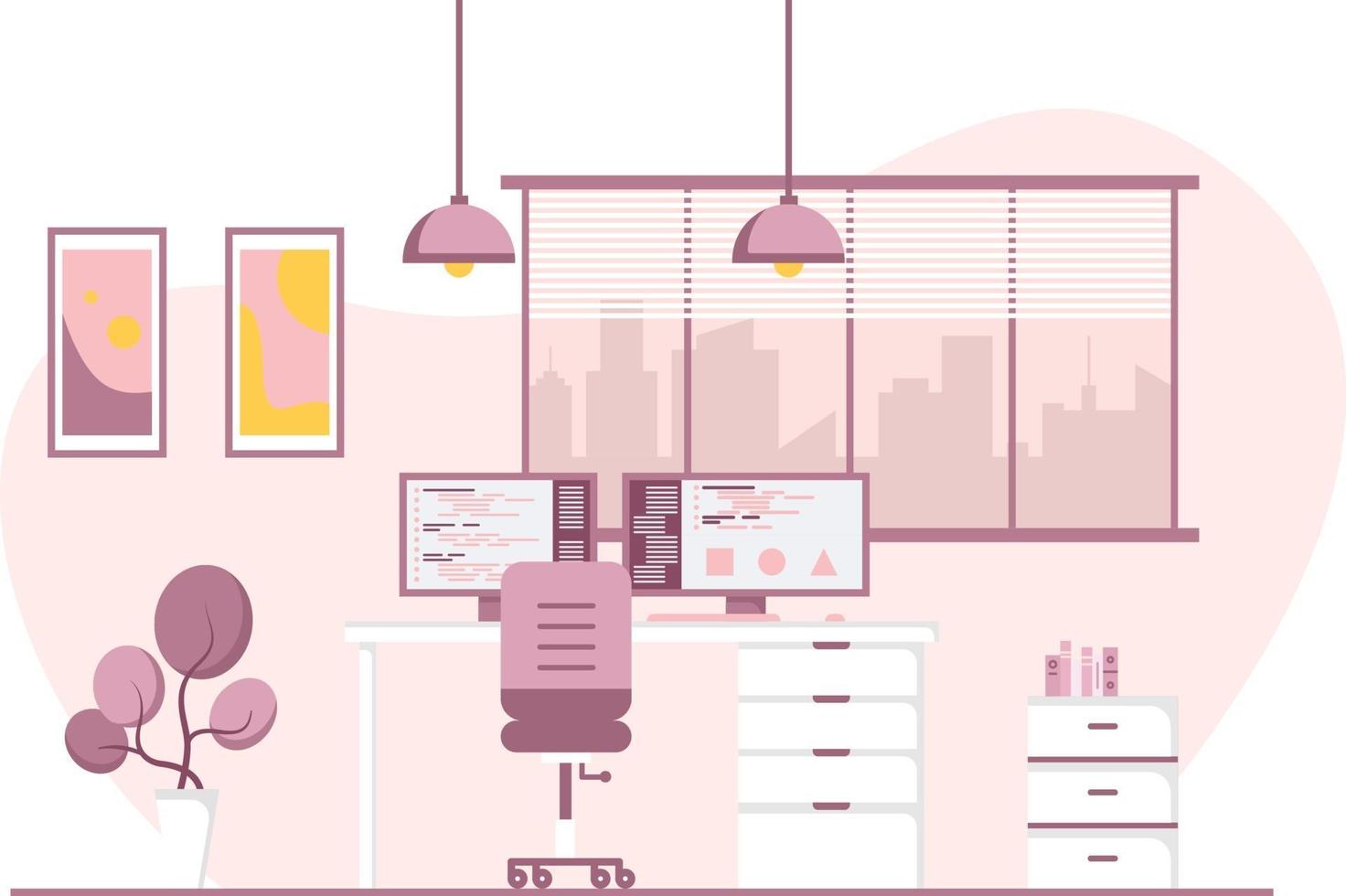 Concept of work station and office interior with furniture. vector