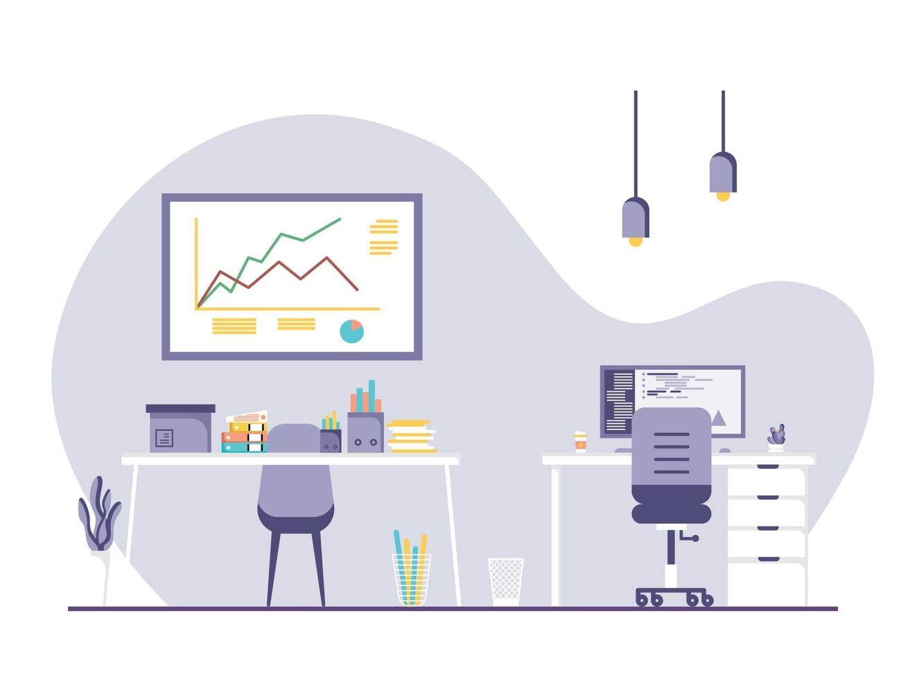 Concept of work station and office interior with furniture. vector