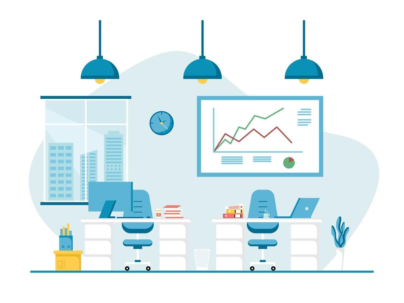 Concept of work station and office interior with furniture. vector