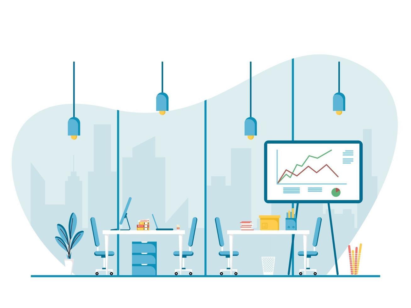 Concept of work station and office interior with furniture. vector