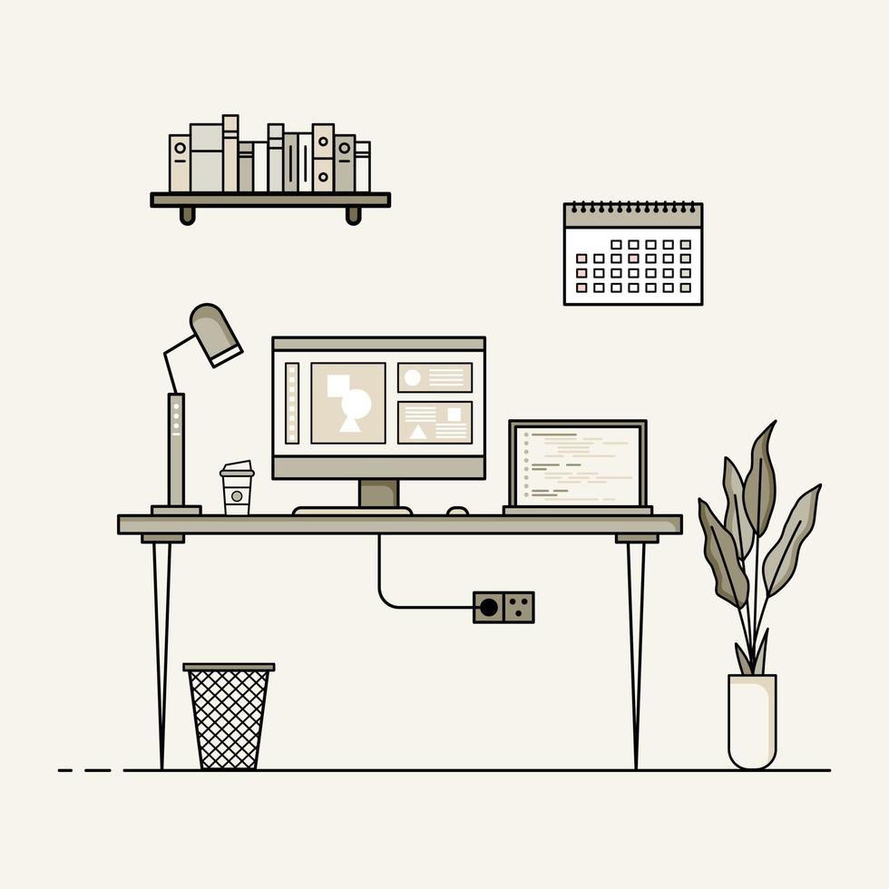 diseño plano de la mesa de trabajo, concepto de interior de la mesa de trabajo. vector