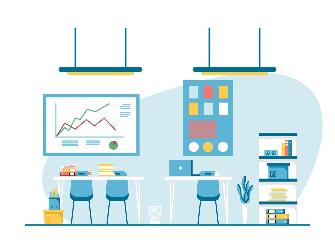 Concept of work station and office interior with furniture. vector