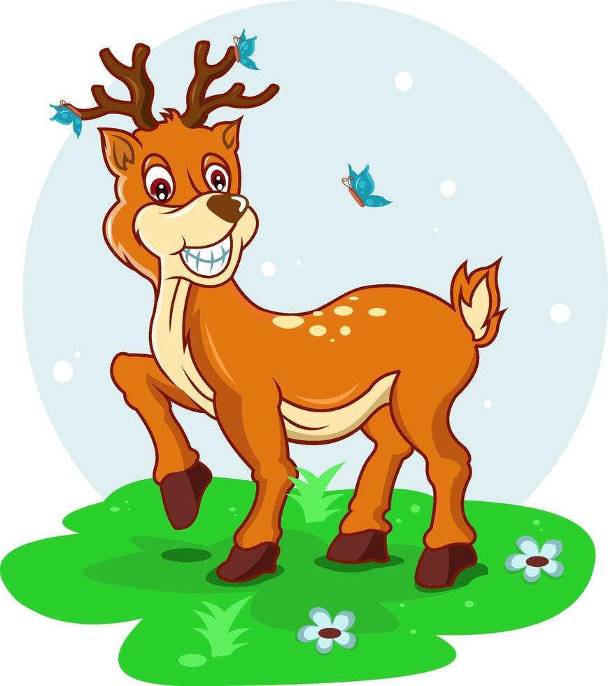 funny deer walking in the underbrush with butterfly vector