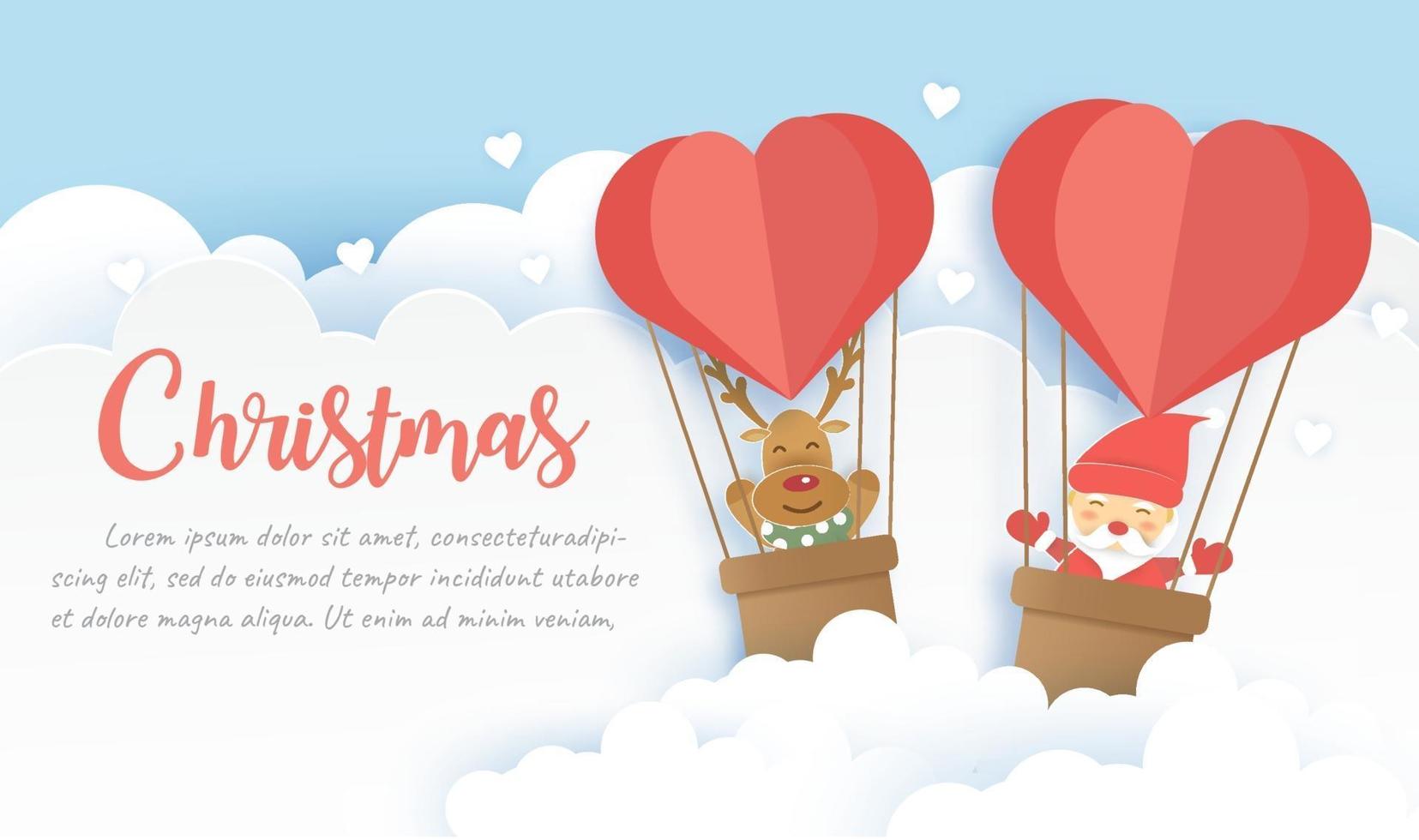 Christmas banner with a cute Santa clause and friends in paper cut . vector