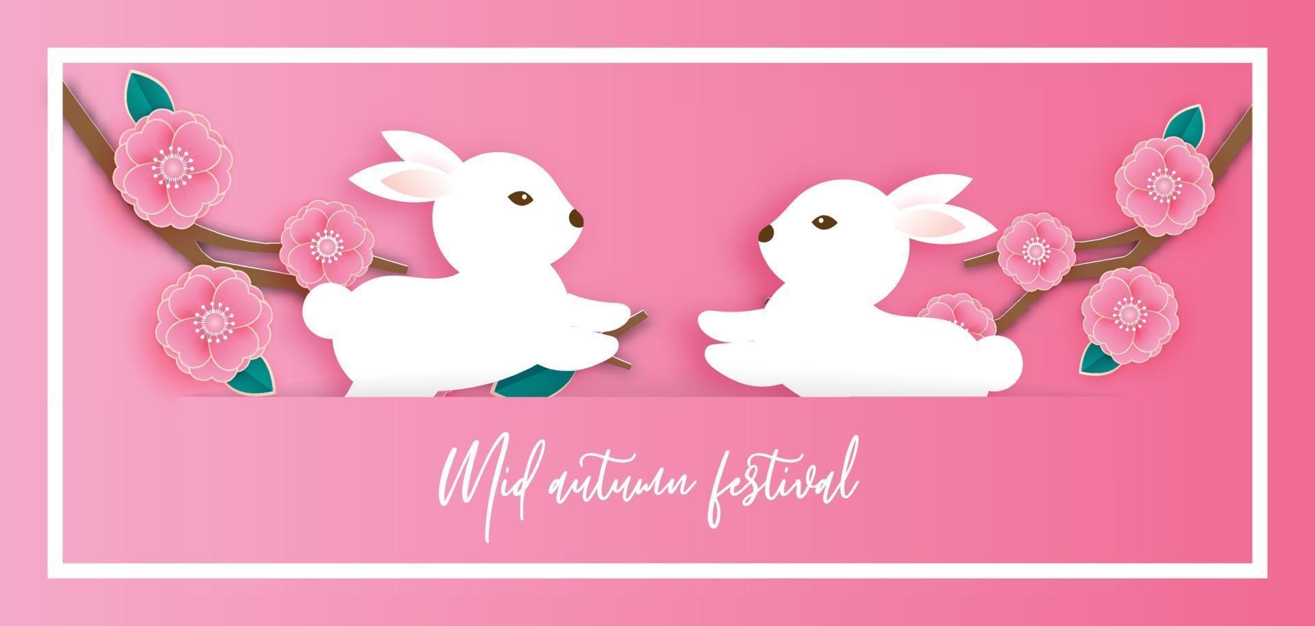 Mid autumn festival banner with cute rabbits and the moon . vector