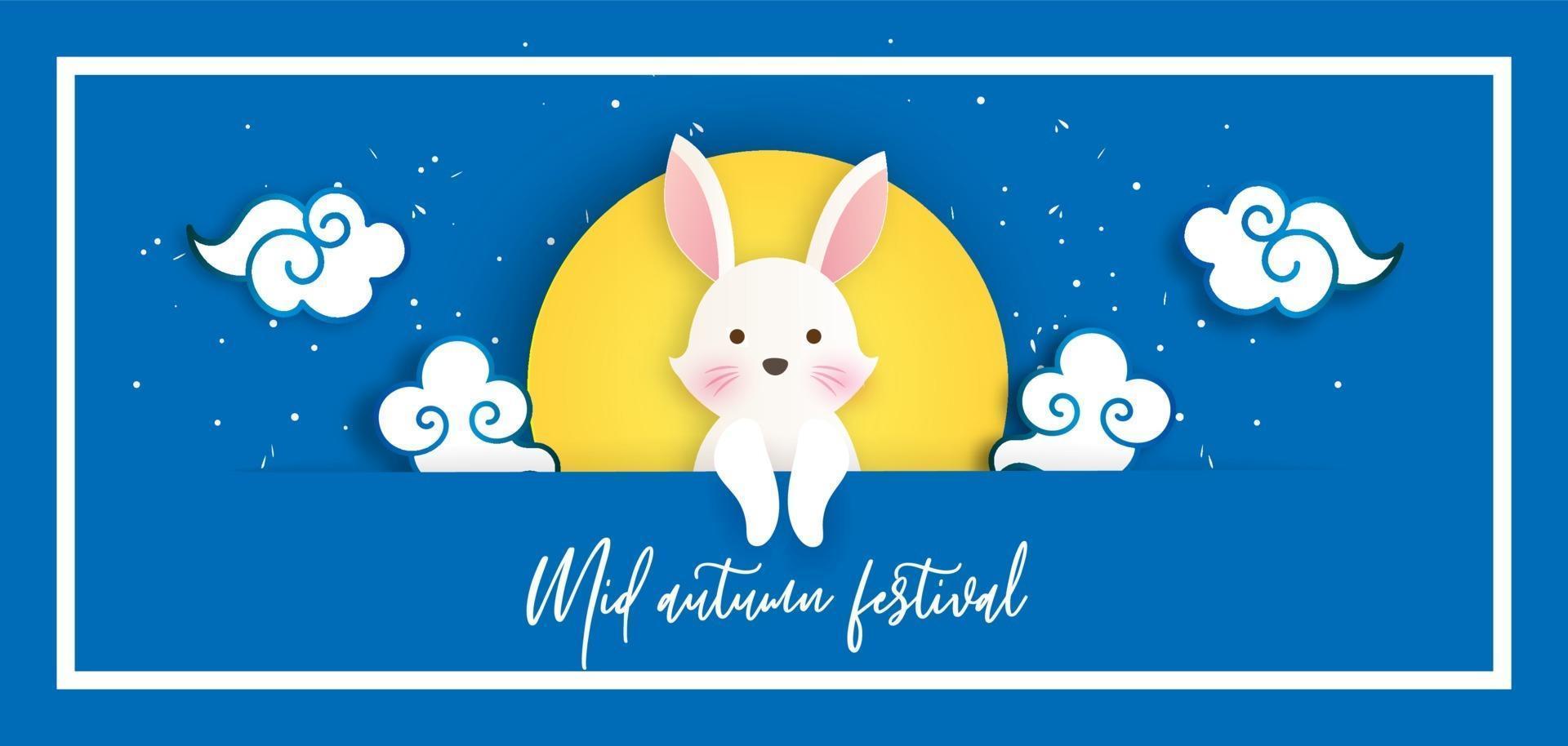 Mid autumn festival banner with cute rabbits and the moon . vector