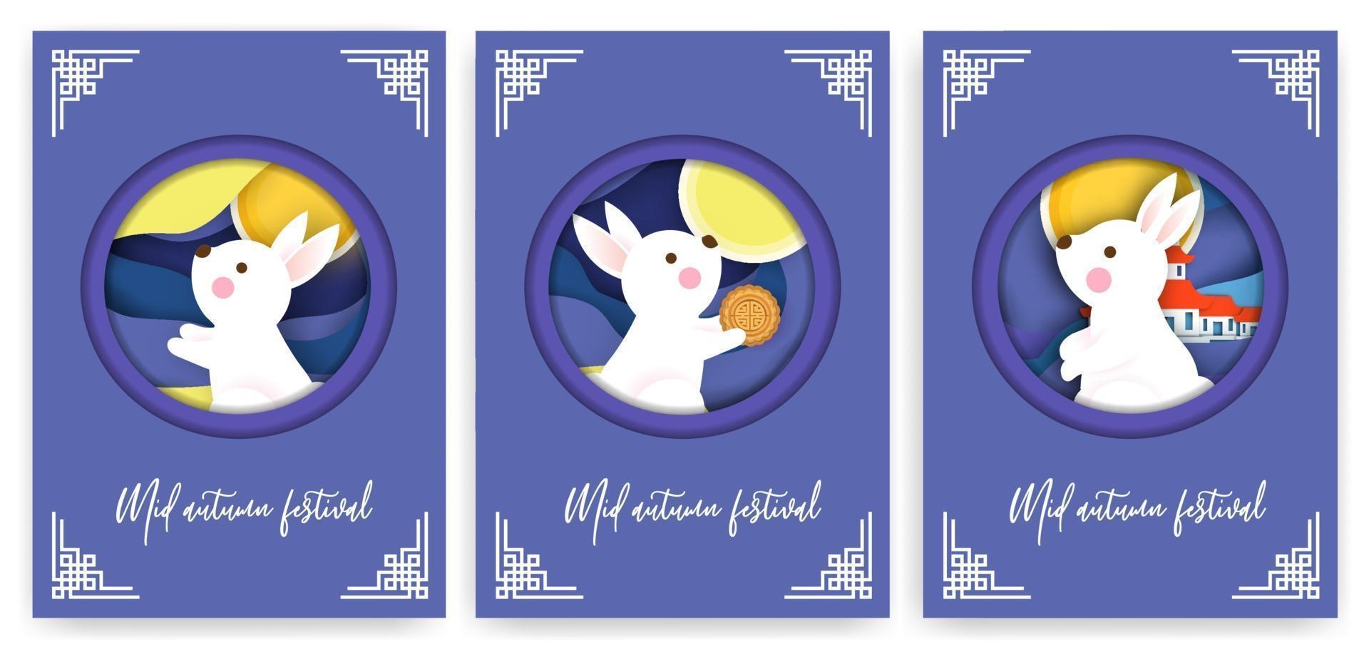 conjunto de tarjetas del festival del medio otoño con lindos conejos. vector