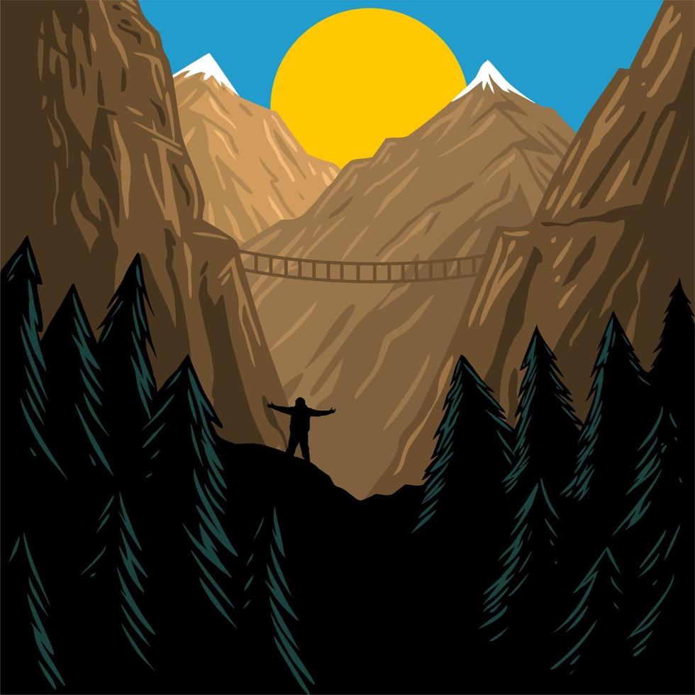mountain landscape and human black silhouette premium vector